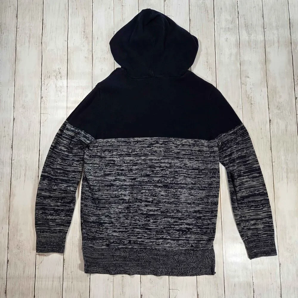 Express Mens Knit Hoodie Sweater Size M Navy Blue Gray Pullover Long Sleeve